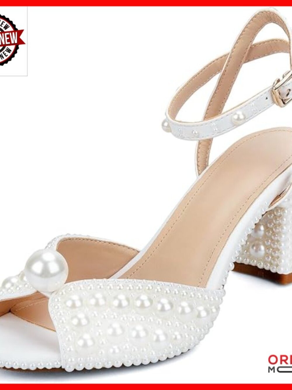 Pearl Heeled Sandals with Ankle Strap, 2.76 Inch Block Heel for Wedding Party